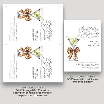 30th Birthday Drinks Invitation, Martini Party Invite, Leopard Bow Birthday Invite, Glam 30th Birthday Party, Editable Corjl