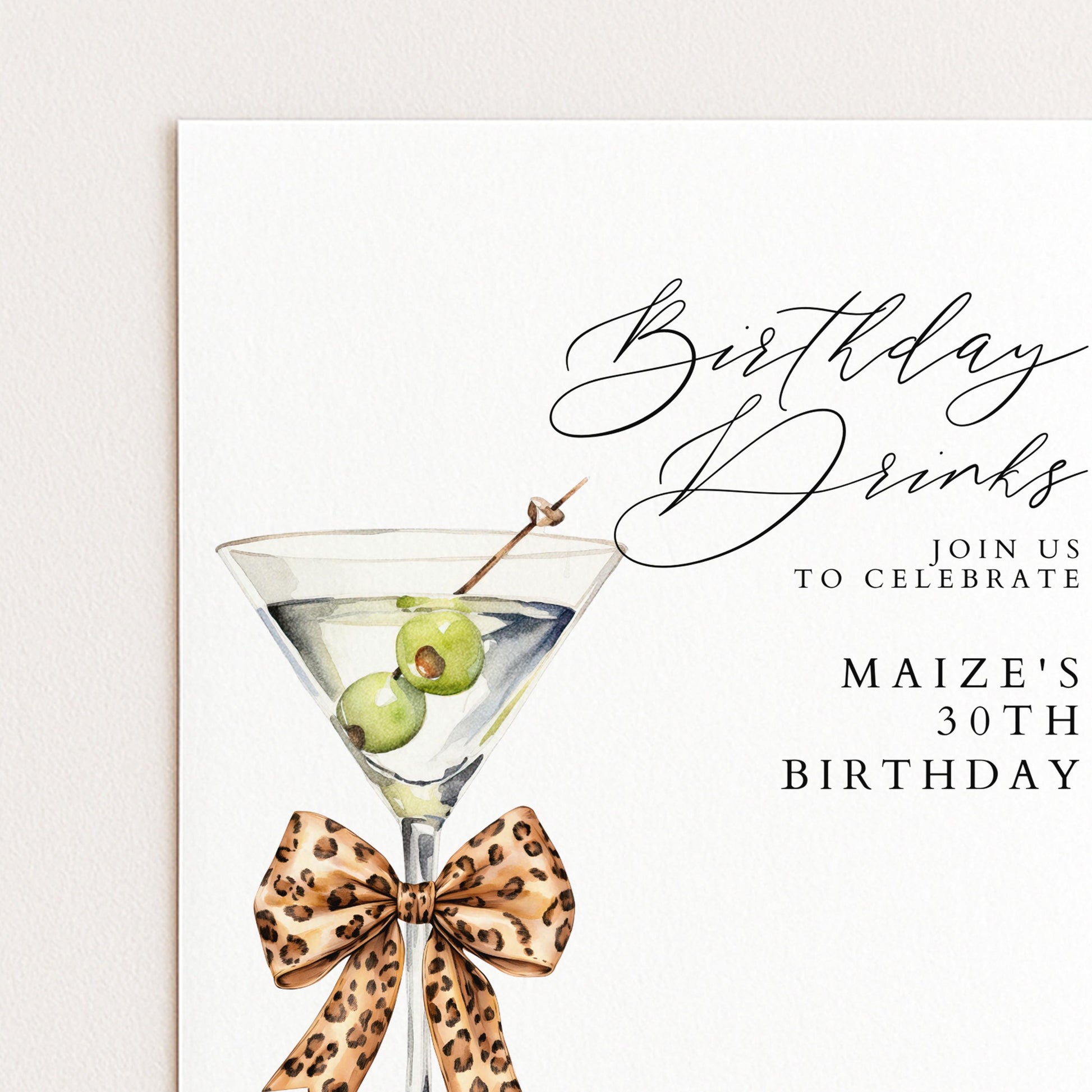30th Birthday Drinks Invitation, Martini Party Invite, Leopard Bow Birthday Invite, Glam 30th Birthday Party, Editable Corjl