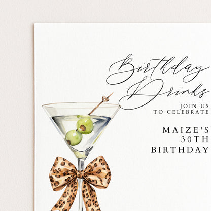 30th Birthday Drinks Invitation, Martini Party Invite, Leopard Bow Birthday Invite, Glam 30th Birthday Party, Editable Corjl
