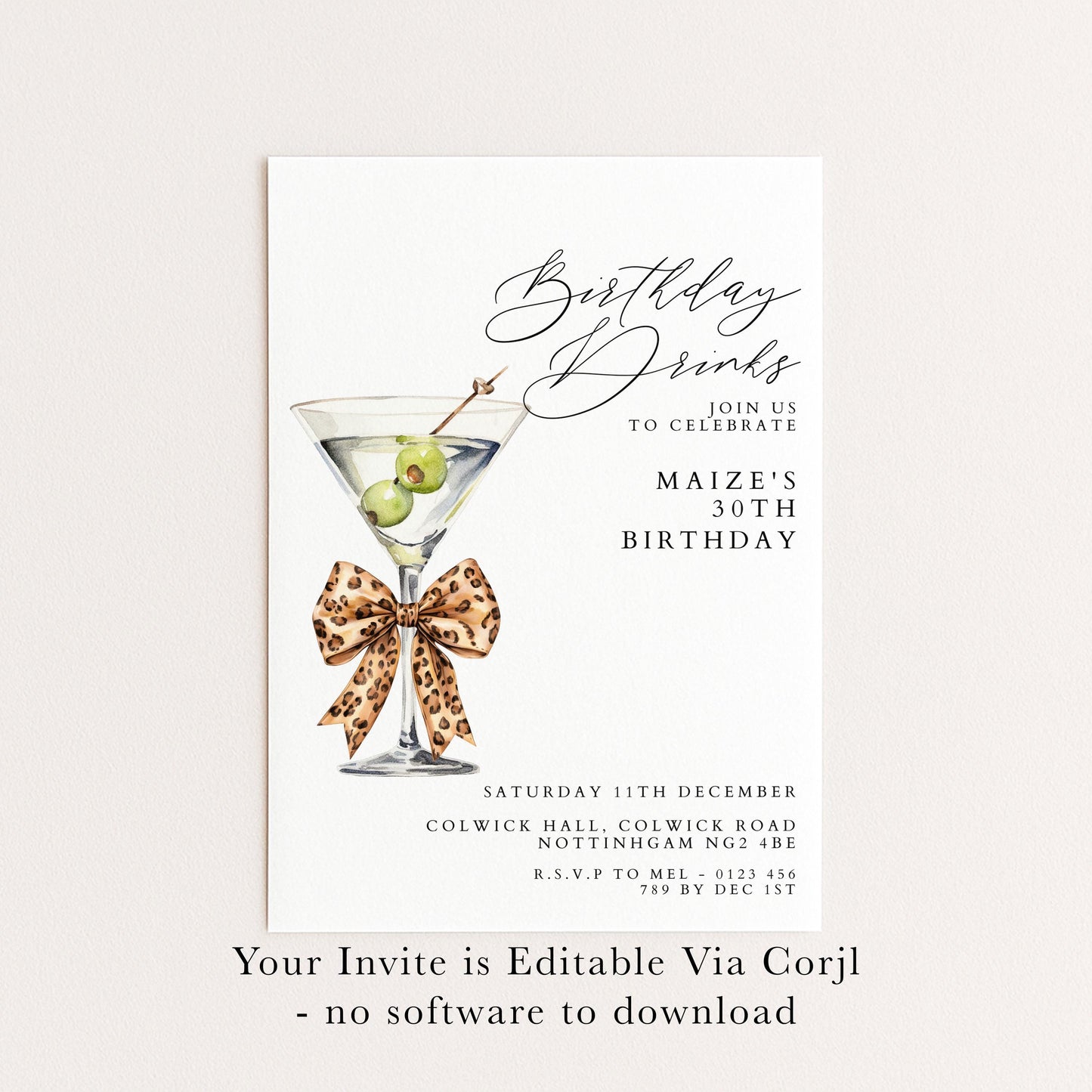 30th Birthday Drinks Invitation, Martini Party Invite, Leopard Bow Birthday Invite, Glam 30th Birthday Party, Editable Corjl