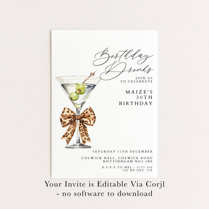 30th Birthday Drinks Invitation, Martini Party Invite, Leopard Bow Birthday Invite, Glam 30th Birthday Party, Editable Corjl