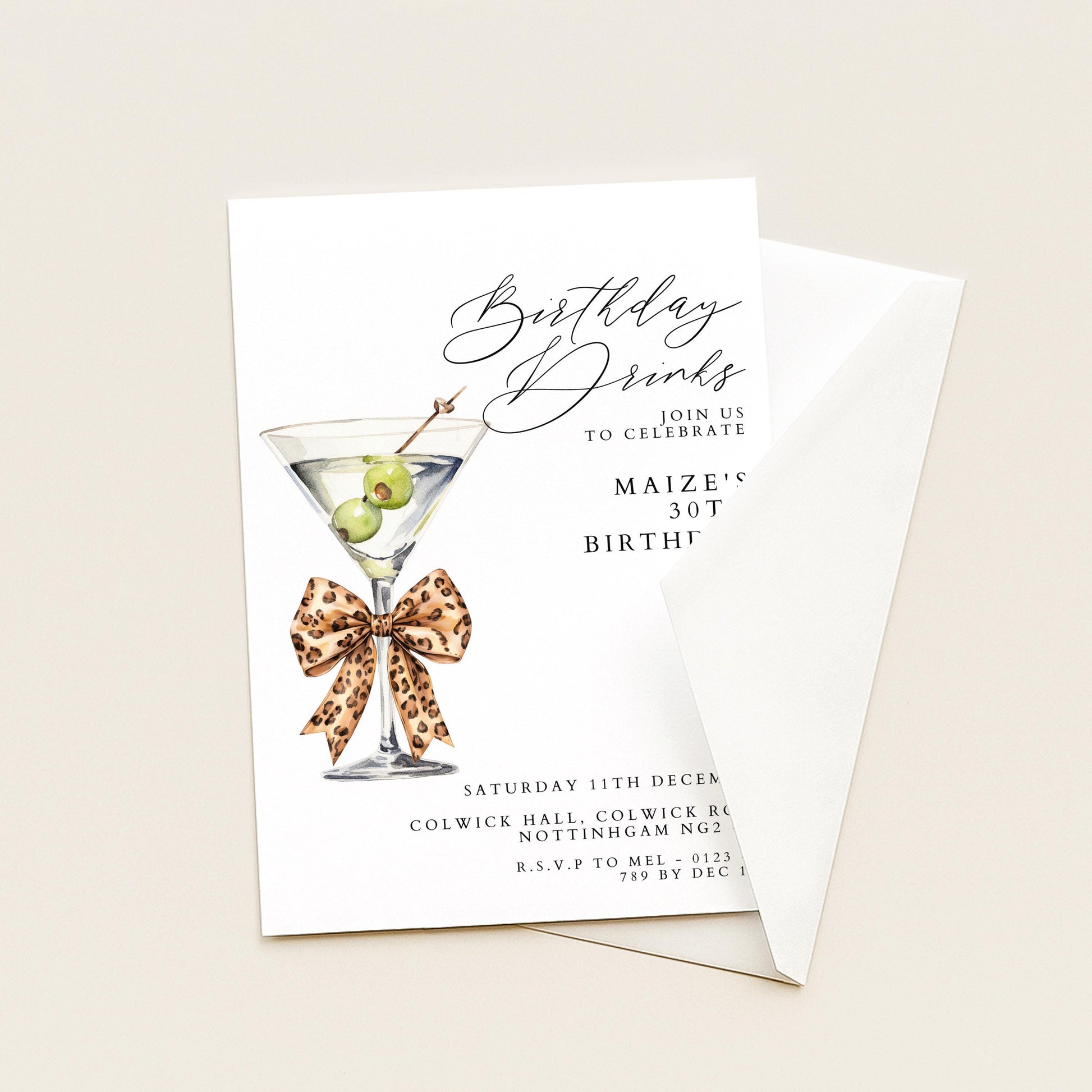 30th Birthday Drinks Invitation, Martini Party Invite, Leopard Bow Birthday Invite, Glam 30th Birthday Party, Editable Corjl