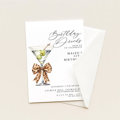 30th Birthday Drinks Invitation, Martini Party Invite, Leopard Bow Birthday Invite, Glam 30th Birthday Party, Editable Corjl