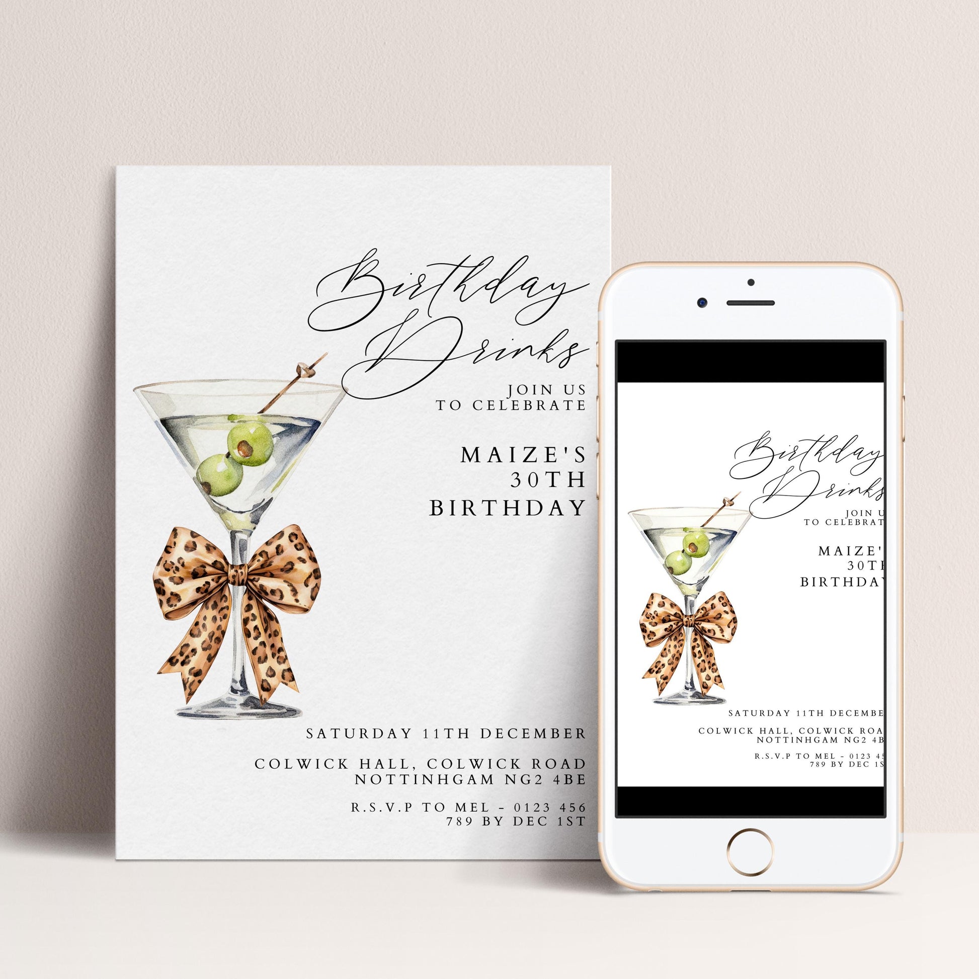 30th Birthday Drinks Invitation, Martini Party Invite, Leopard Bow Birthday Invite, Glam 30th Birthday Party, Editable Corjl