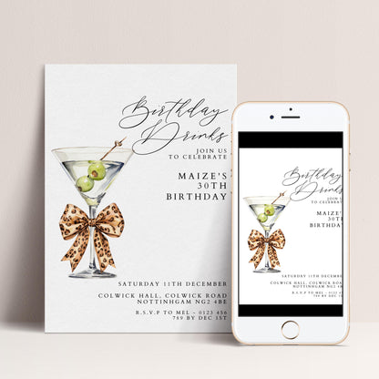 30th Birthday Drinks Invitation, Martini Party Invite, Leopard Bow Birthday Invite, Glam 30th Birthday Party, Editable Corjl