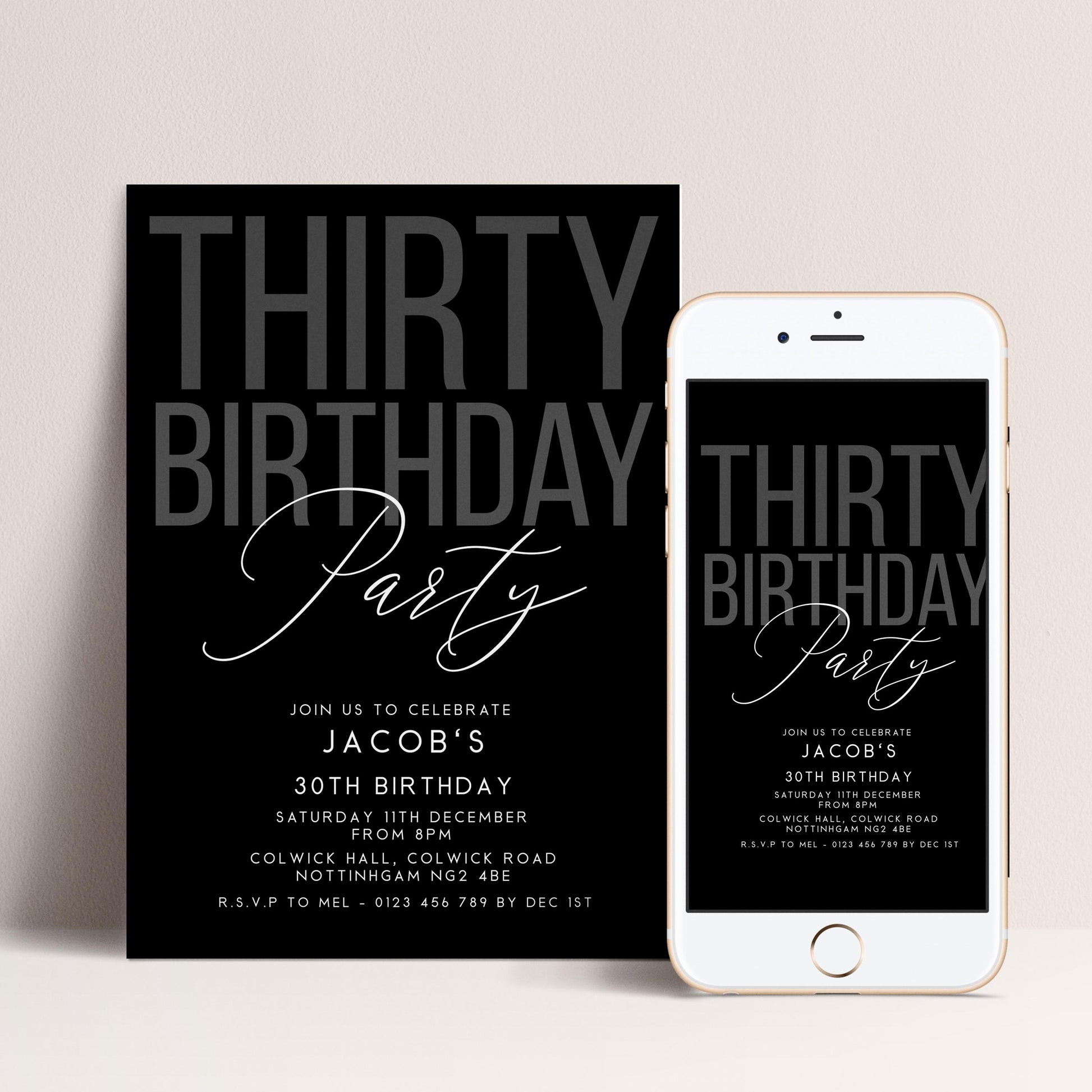 Editable 30th Birthday Invitation, Editable Black Thirty Party Invite, Mens Adult Invitation Template, 30th BirthdayPrintable Template