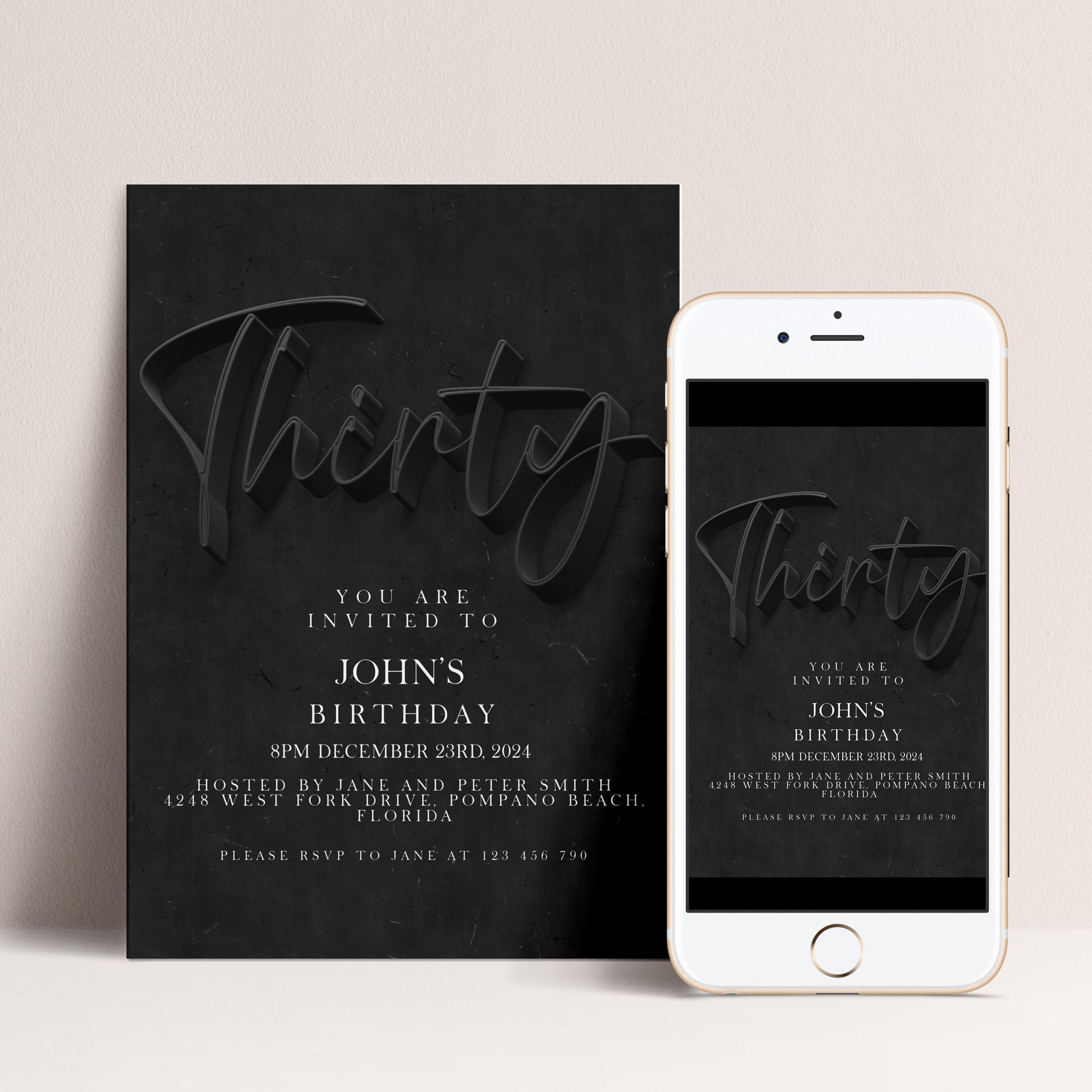 30th Birthday Invitation Editable 30th invite Black invitation Simple Elegant For Him or Her Instant Download Printable SE19