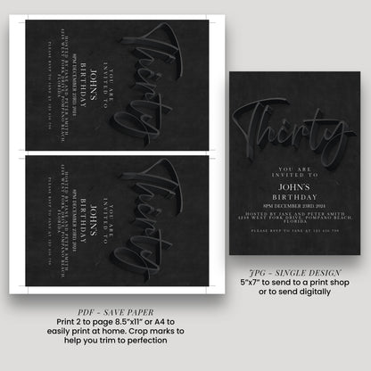 30th Birthday Invitation Editable 30th invite Black invitation Simple Elegant For Him or Her Instant Download Printable SE19