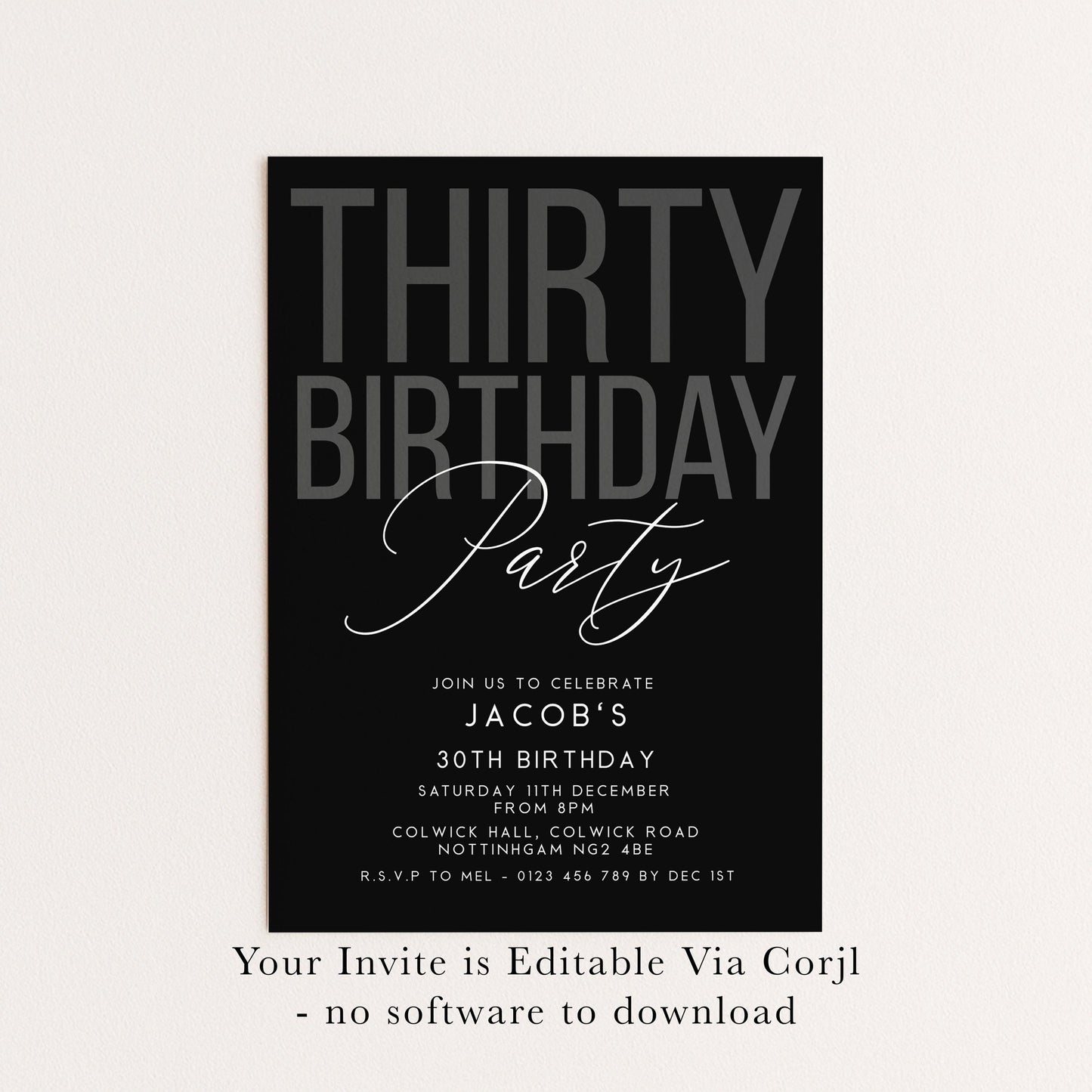Editable 30th Birthday Invitation, Editable Black Thirty Party Invite, Mens Adult Invitation Template, 30th BirthdayPrintable Template
