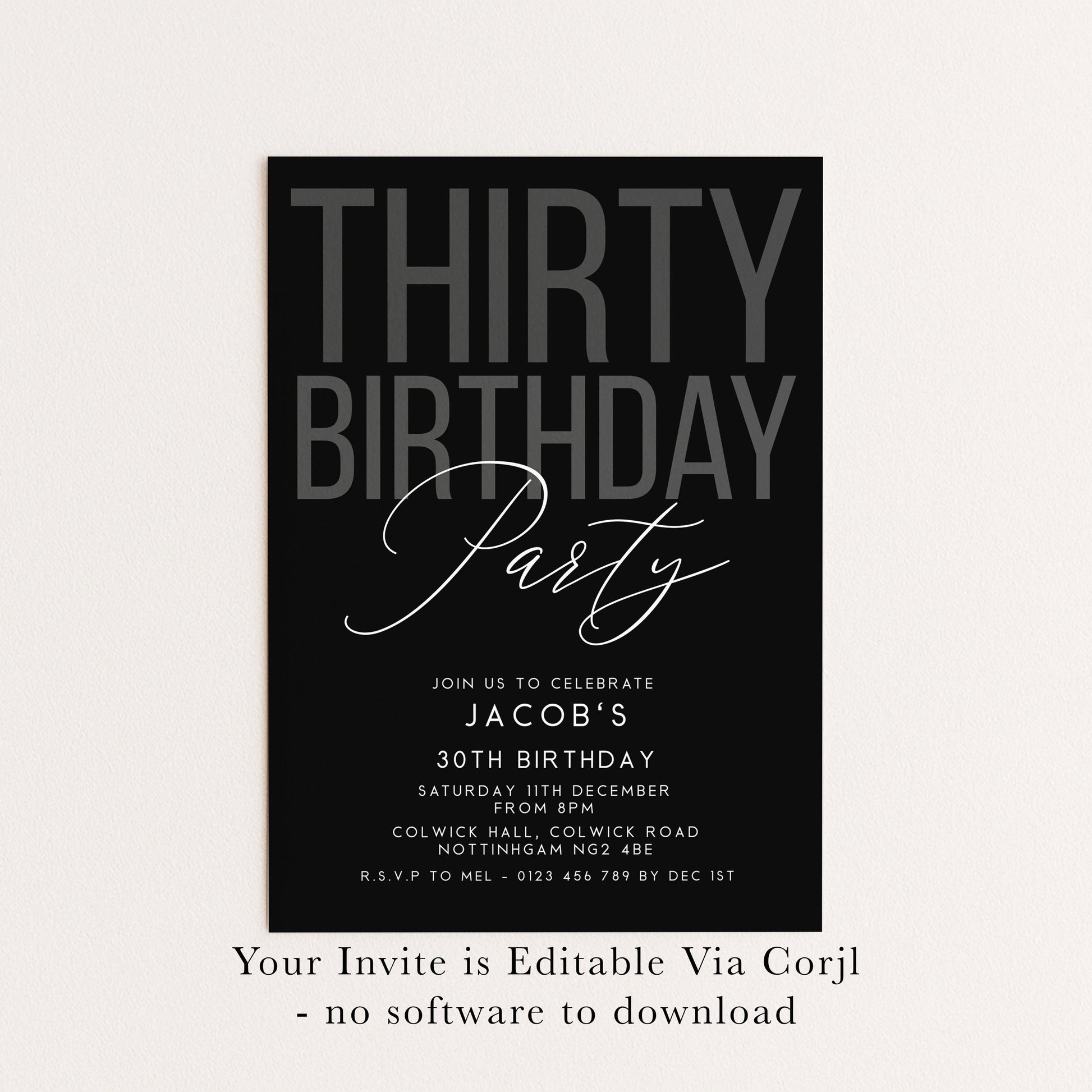 Editable 30th Birthday Invitation, Editable Black Thirty Party Invite, Mens Adult Invitation Template, 30th BirthdayPrintable Template
