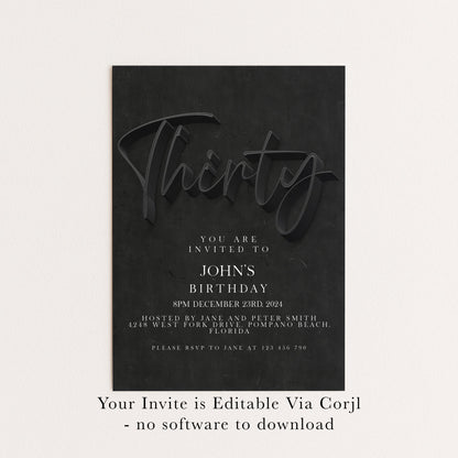 30th Birthday Invitation Editable 30th invite Black invitation Simple Elegant For Him or Her Instant Download Printable SE19