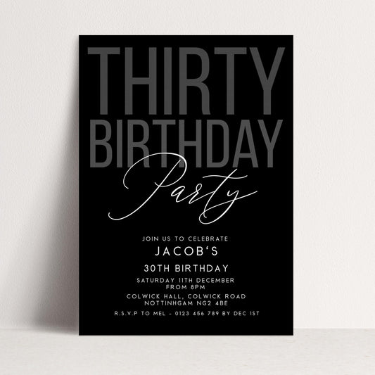 Editable 30th Birthday Invitation, Editable Black Thirty Party Invite, Mens Adult Invitation Template, 30th BirthdayPrintable Template