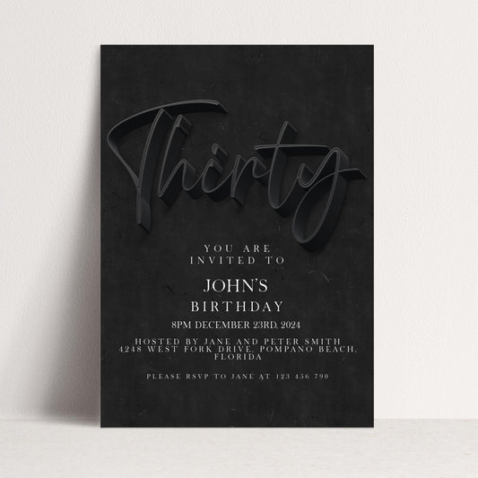 30th Birthday Invitation Editable 30th invite Black invitation Simple Elegant For Him or Her Instant Download Printable SE19