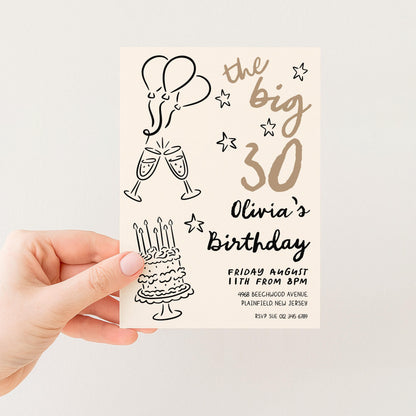 30th Birthday Invitation: Doodle Style Party Invite, Balloons & Cake (Corjl Template, Printable PDF/JPG)