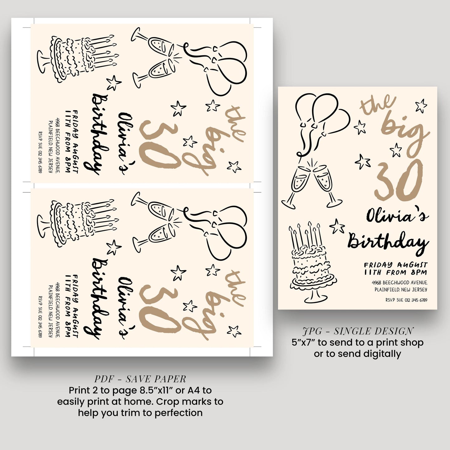 30th Birthday Invitation: Doodle Style Party Invite, Balloons & Cake (Corjl Template, Printable PDF/JPG)