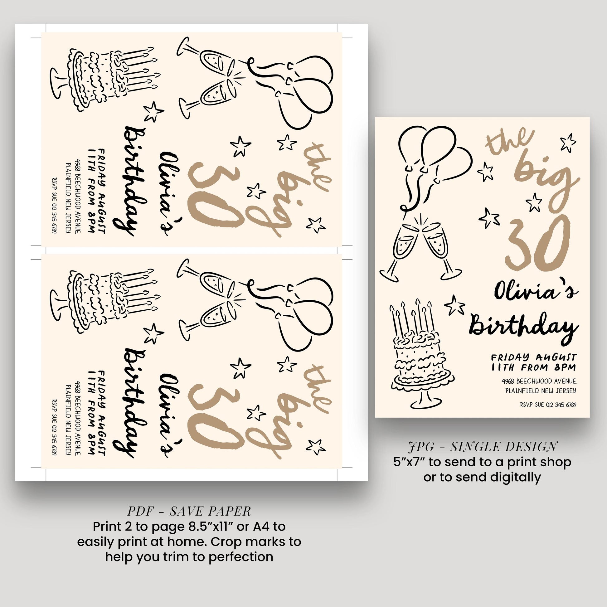 30th Birthday Invitation: Doodle Style Party Invite, Balloons & Cake (Corjl Template, Printable PDF/JPG)