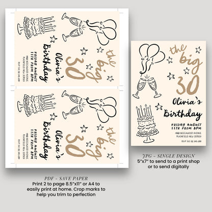 30th Birthday Invitation: Doodle Style Party Invite, Balloons & Cake (Corjl Template, Printable PDF/JPG)