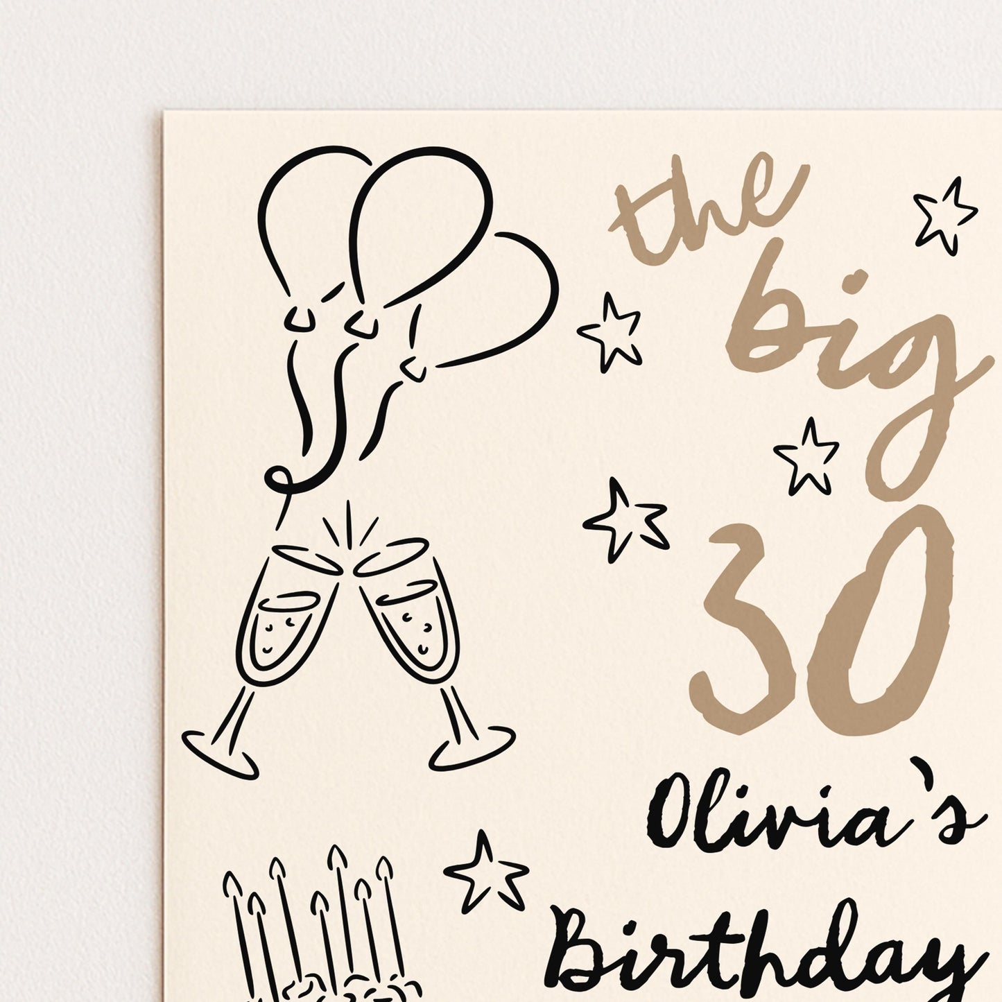 30th Birthday Invitation: Doodle Style Party Invite, Balloons & Cake (Corjl Template, Printable PDF/JPG)