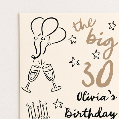 30th Birthday Invitation: Doodle Style Party Invite, Balloons & Cake (Corjl Template, Printable PDF/JPG)