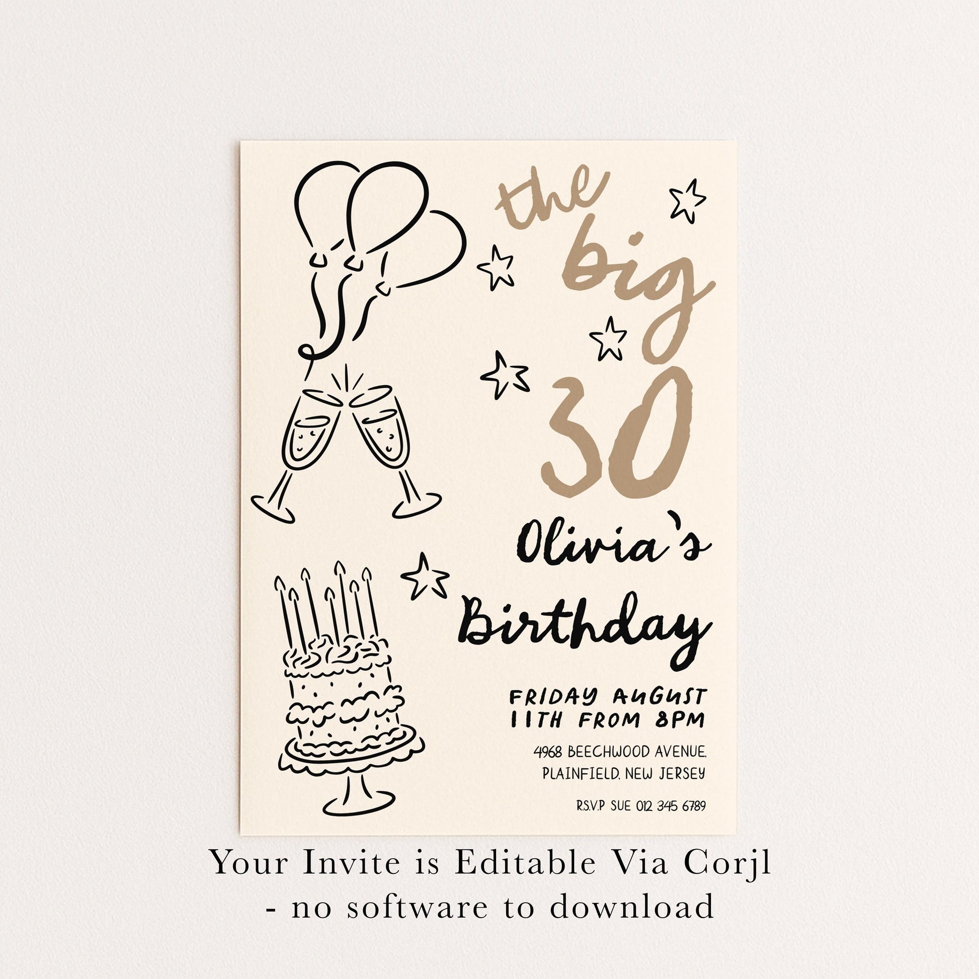 30th Birthday Invitation: Doodle Style Party Invite, Balloons & Cake (Corjl Template, Printable PDF/JPG)