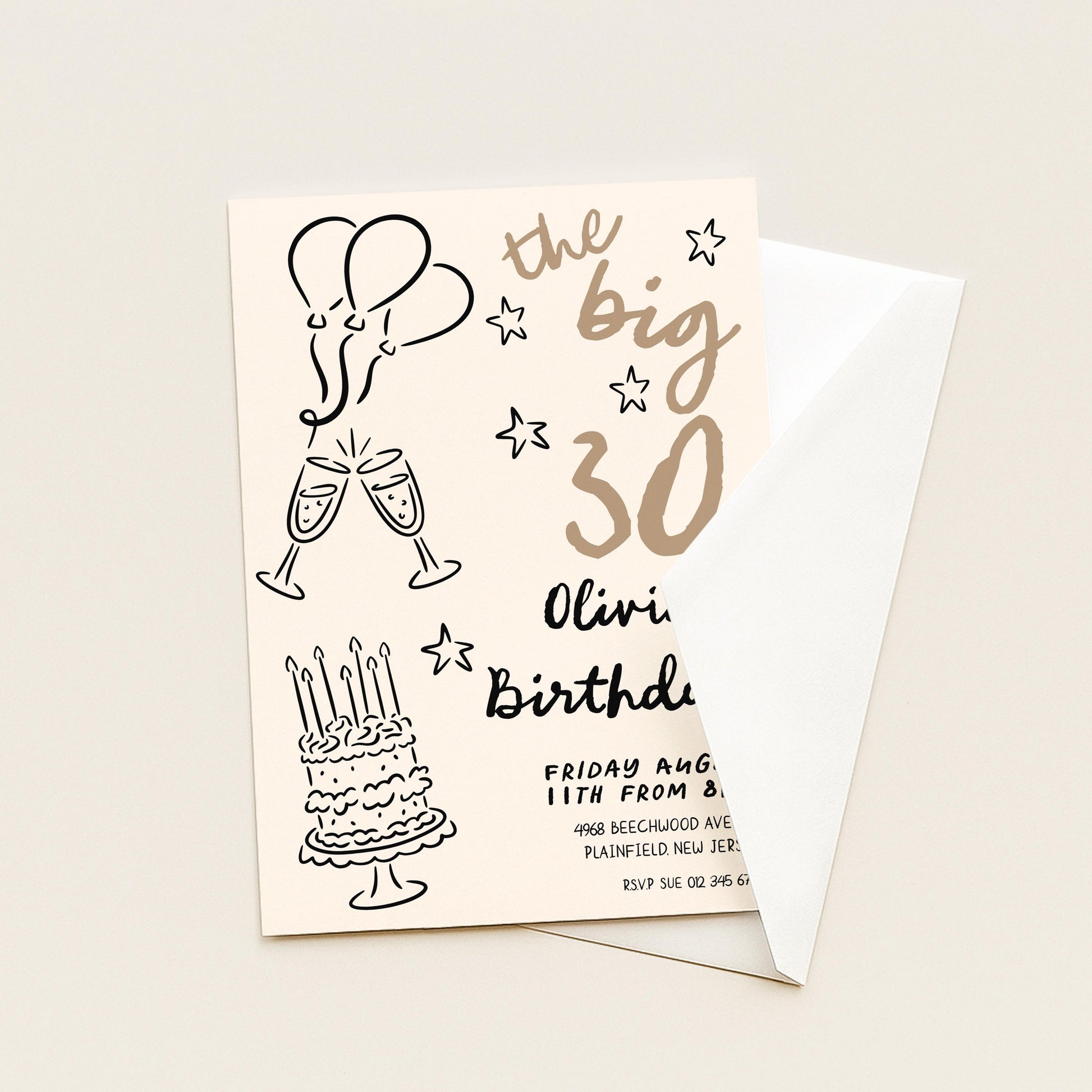 30th Birthday Invitation: Doodle Style Party Invite, Balloons & Cake (Corjl Template, Printable PDF/JPG)