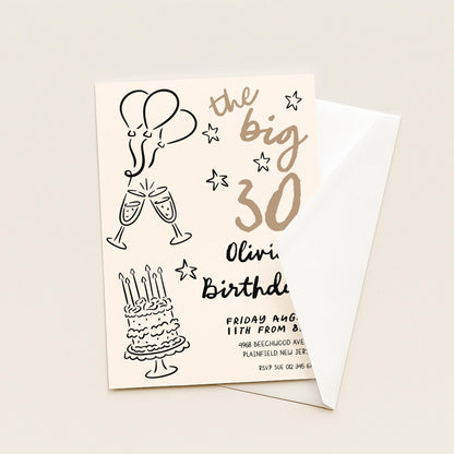 30th Birthday Invitation: Doodle Style Party Invite, Balloons & Cake (Corjl Template, Printable PDF/JPG)