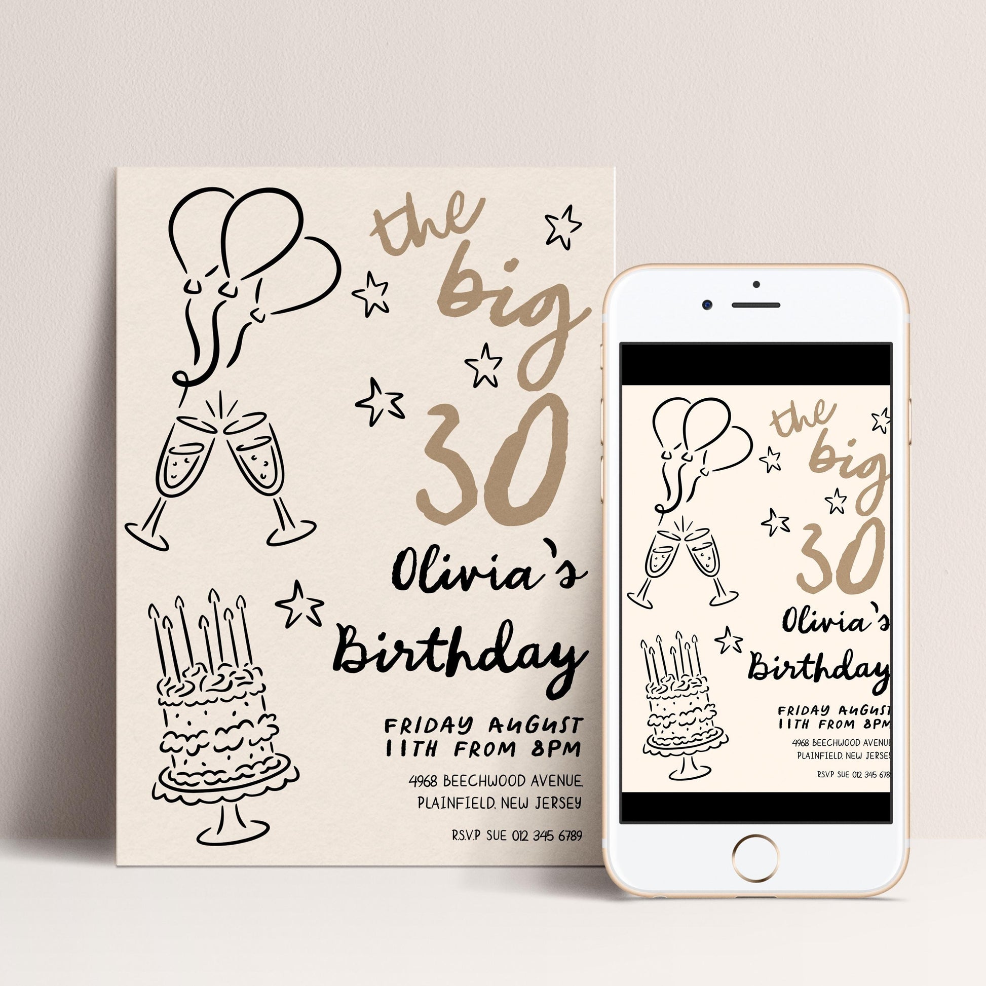 30th Birthday Invitation: Doodle Style Party Invite, Balloons & Cake (Corjl Template, Printable PDF/JPG)