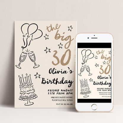 30th Birthday Invitation: Doodle Style Party Invite, Balloons & Cake (Corjl Template, Printable PDF/JPG)