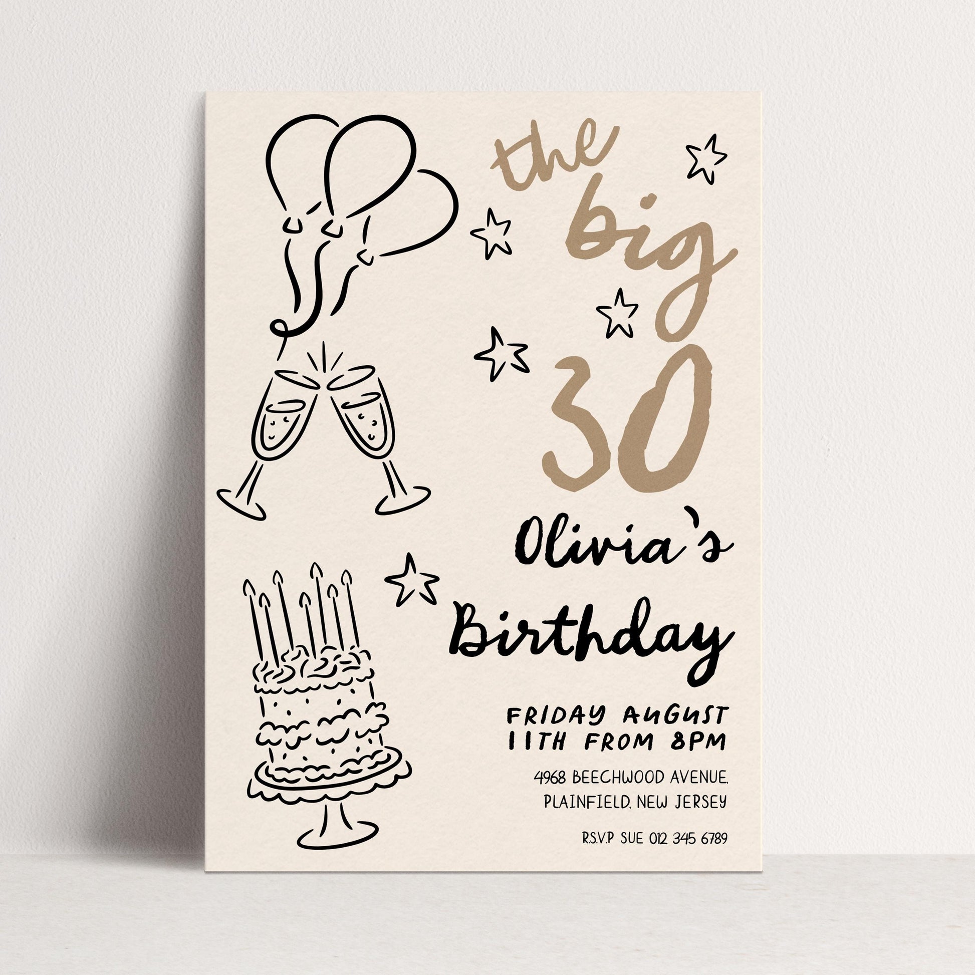 30th Birthday Invitation: Doodle Style Party Invite, Balloons & Cake (Corjl Template, Printable PDF/JPG)
