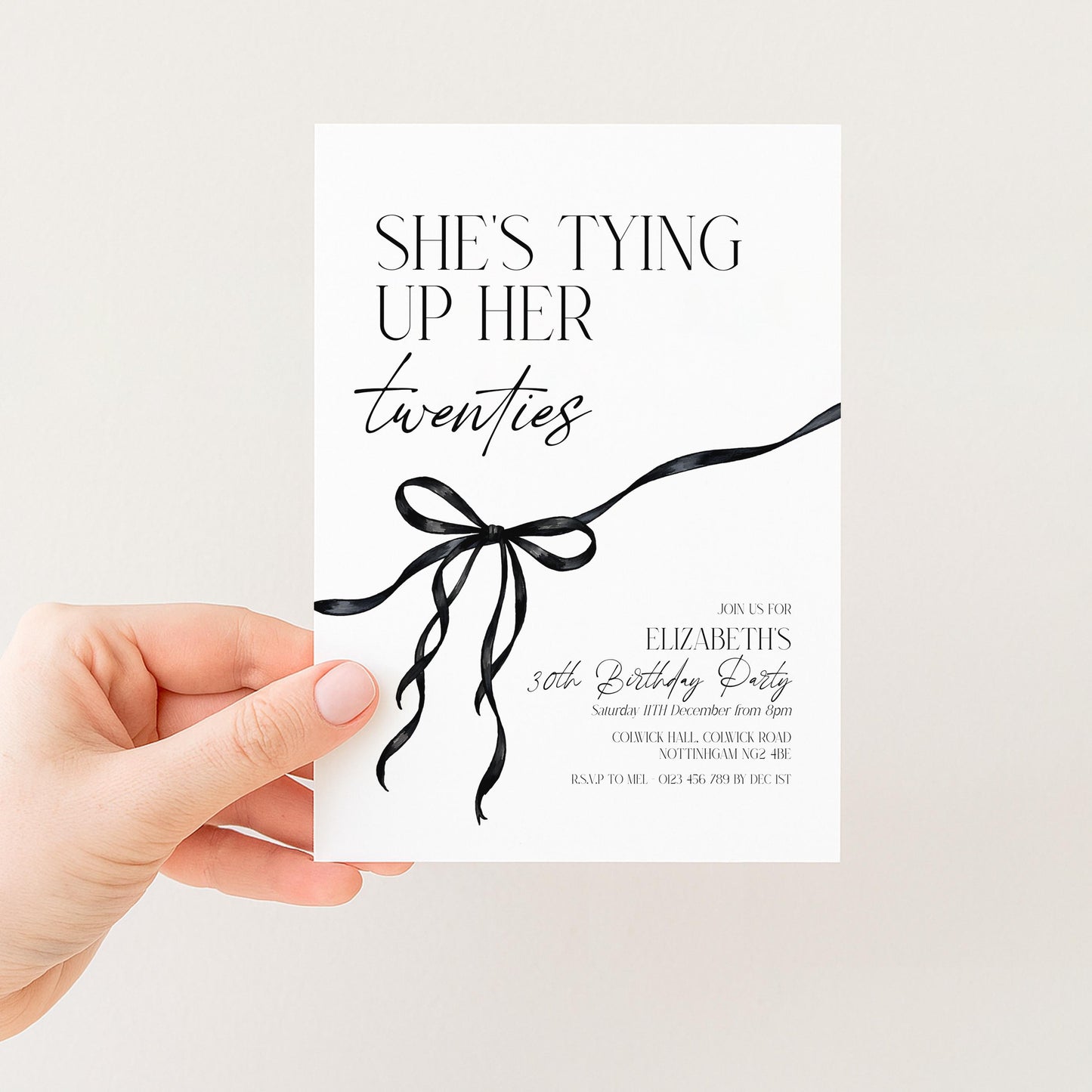 30th Birthday Invitation, Editable Black Bow Party Invite, Women's Adult Invitation Template, Thirty Birthday Printable Template