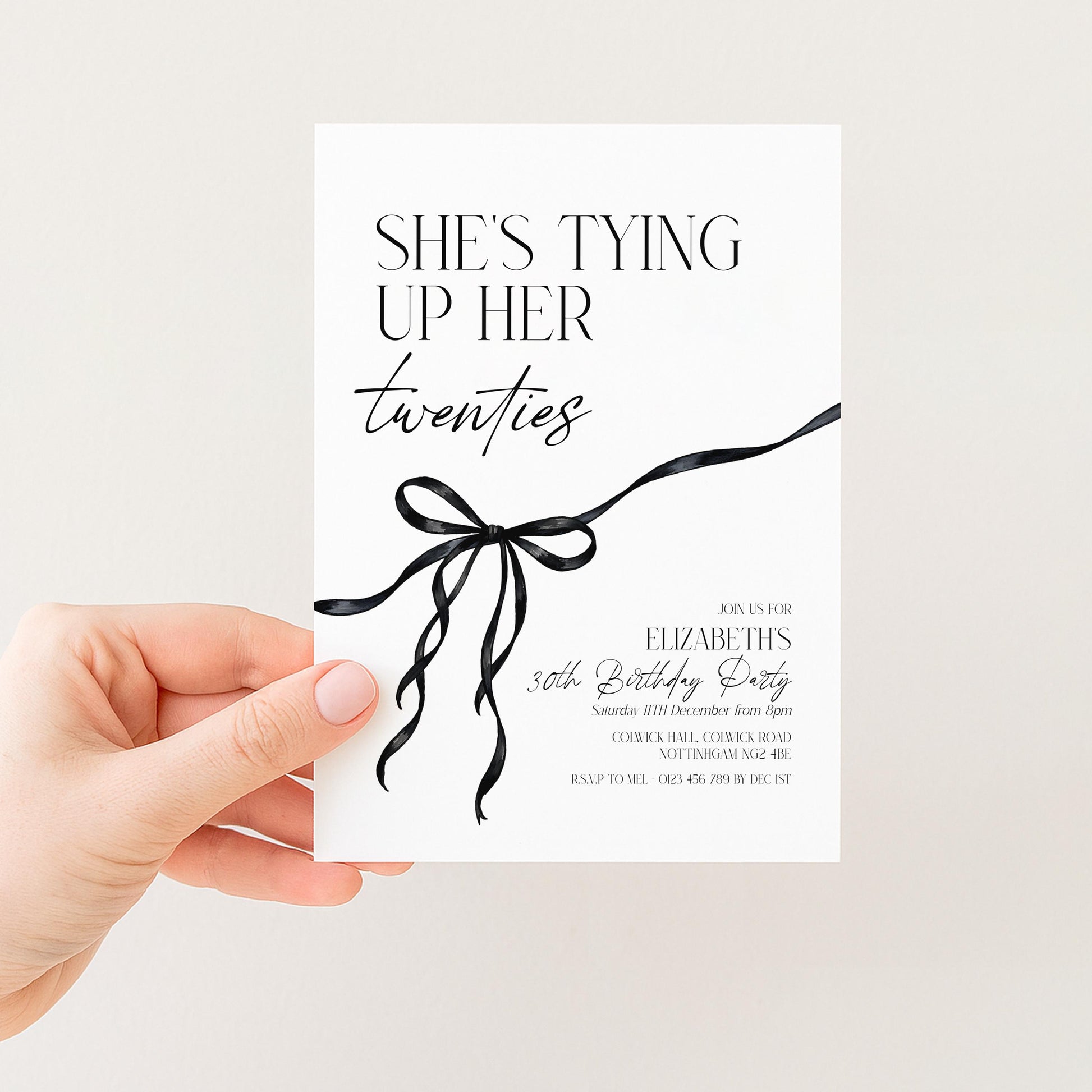 30th Birthday Invitation, Editable Black Bow Party Invite, Women's Adult Invitation Template, Thirty Birthday Printable Template