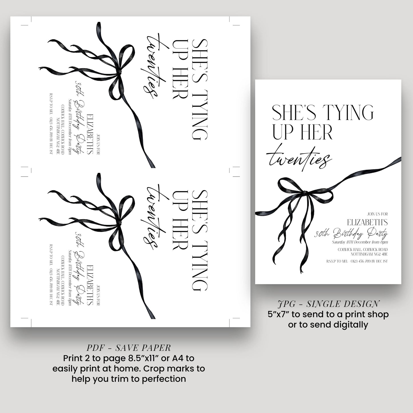 30th Birthday Invitation, Editable Black Bow Party Invite, Women's Adult Invitation Template, Thirty Birthday Printable Template