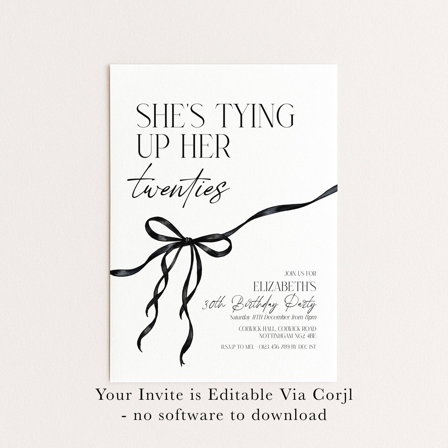 30th Birthday Invitation, Editable Black Bow Party Invite, Women's Adult Invitation Template, Thirty Birthday Printable Template