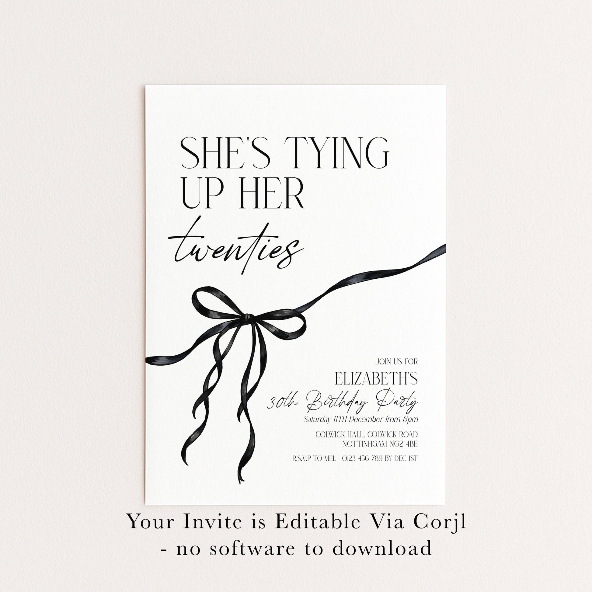 30th Birthday Invitation, Editable Black Bow Party Invite, Women's Adult Invitation Template, Thirty Birthday Printable Template