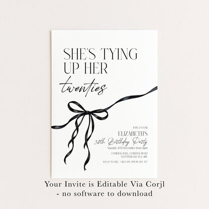 30th Birthday Invitation, Editable Black Bow Party Invite, Women's Adult Invitation Template, Thirty Birthday Printable Template