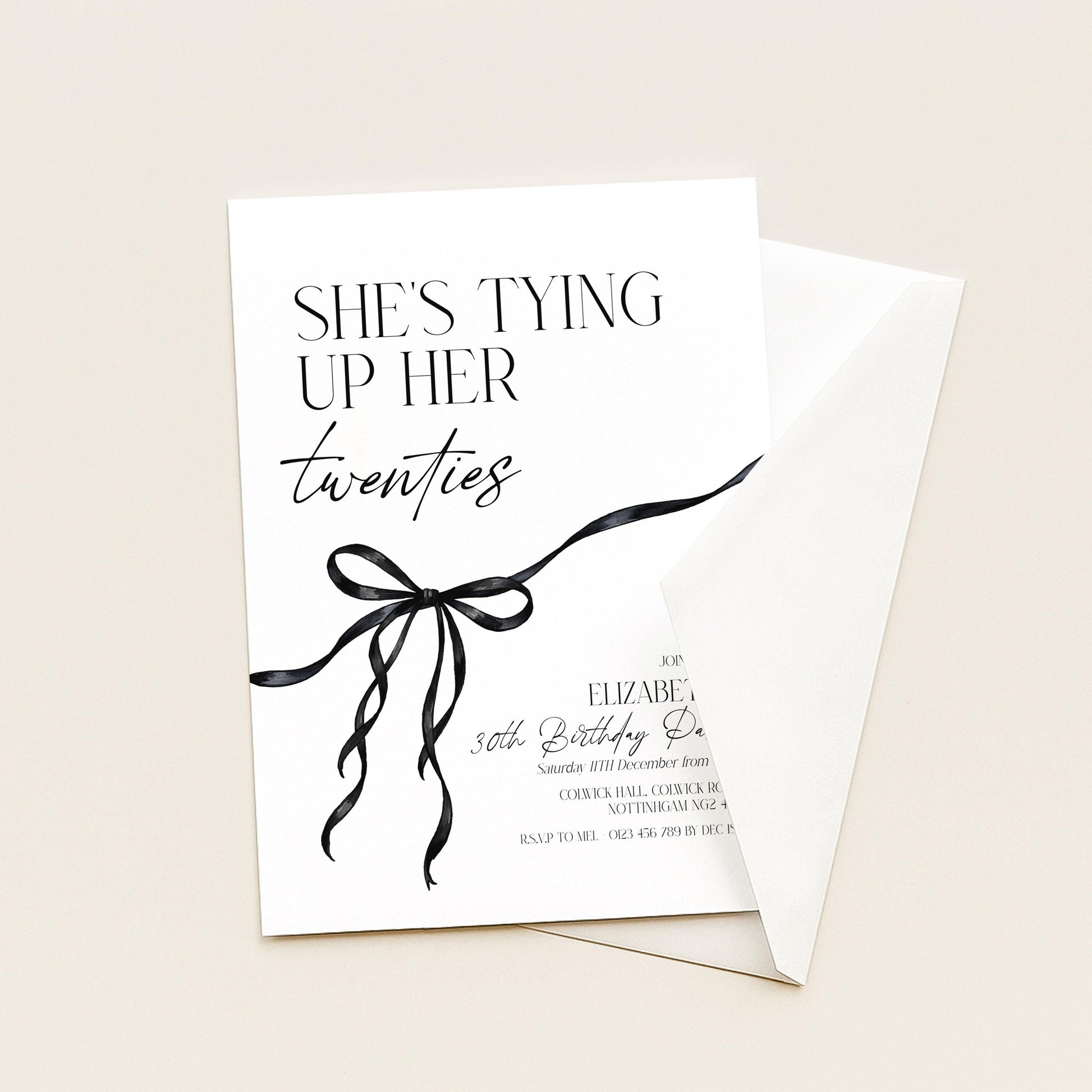 30th Birthday Invitation, Editable Black Bow Party Invite, Women's Adult Invitation Template, Thirty Birthday Printable Template