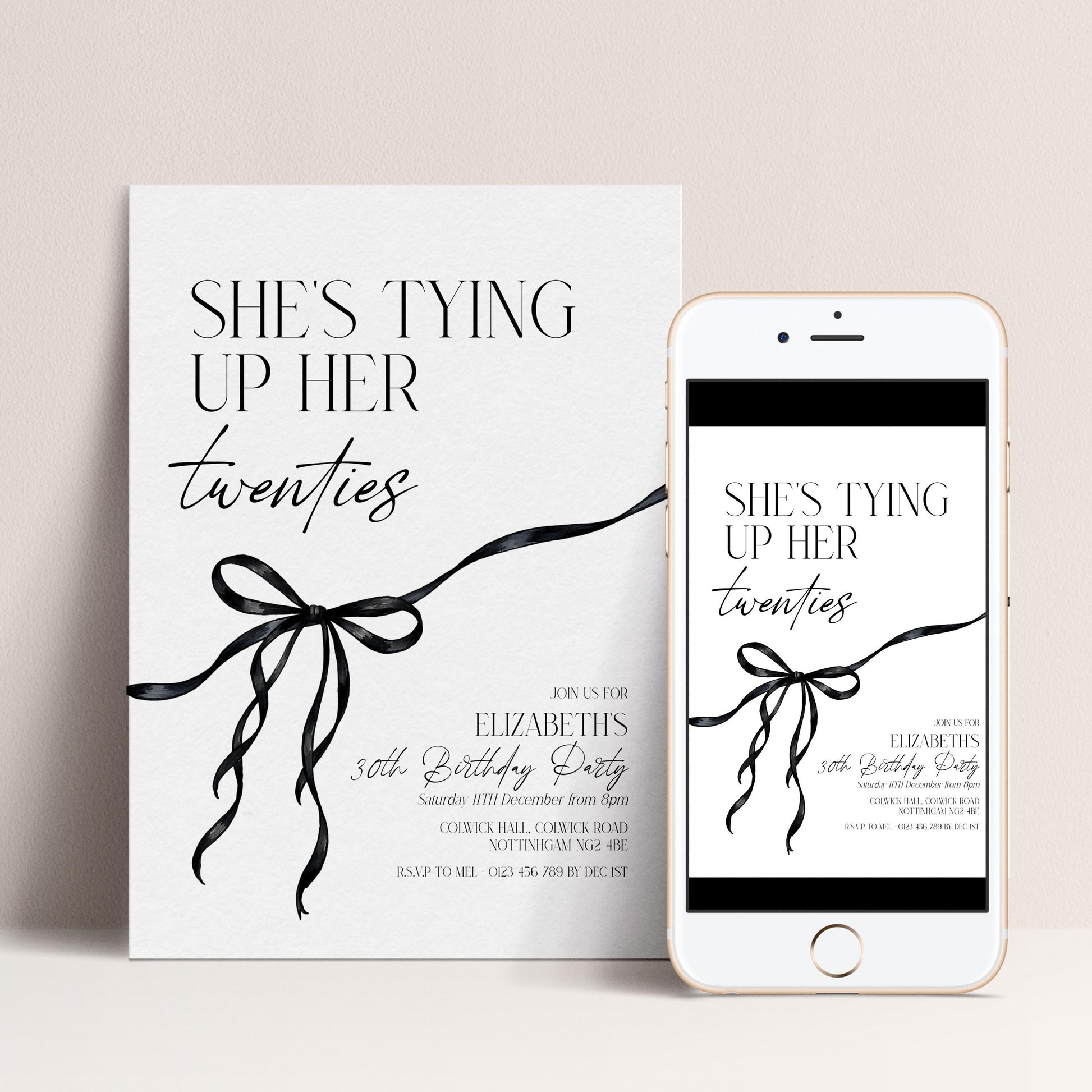 30th Birthday Invitation, Editable Black Bow Party Invite, Women's Adult Invitation Template, Thirty Birthday Printable Template