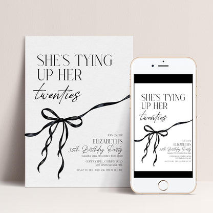 30th Birthday Invitation, Editable Black Bow Party Invite, Women's Adult Invitation Template, Thirty Birthday Printable Template