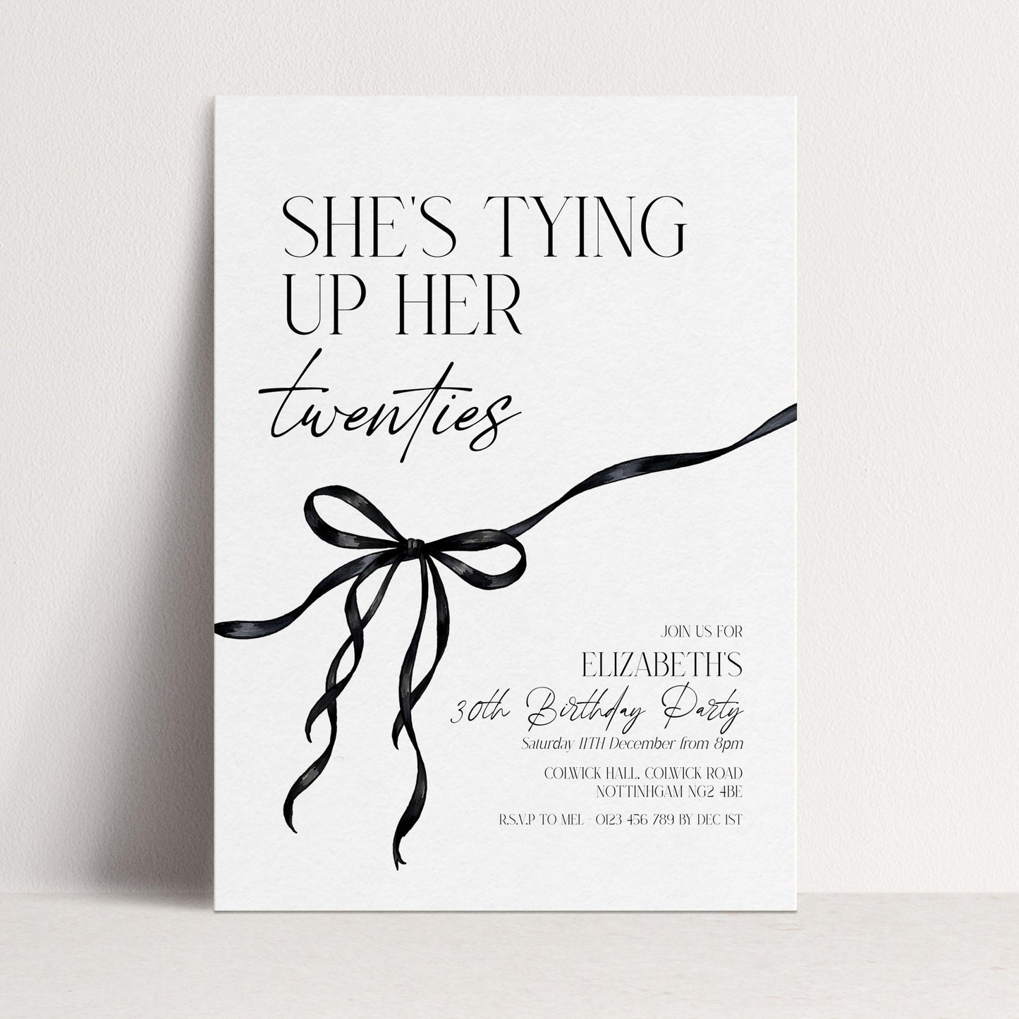 30th Birthday Invitation, Editable Black Bow Party Invite, Women's Adult Invitation Template, Thirty Birthday Printable Template