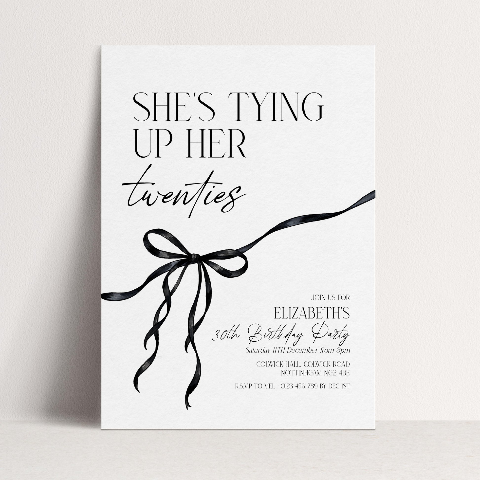 30th Birthday Invitation, Editable Black Bow Party Invite, Women's Adult Invitation Template, Thirty Birthday Printable Template