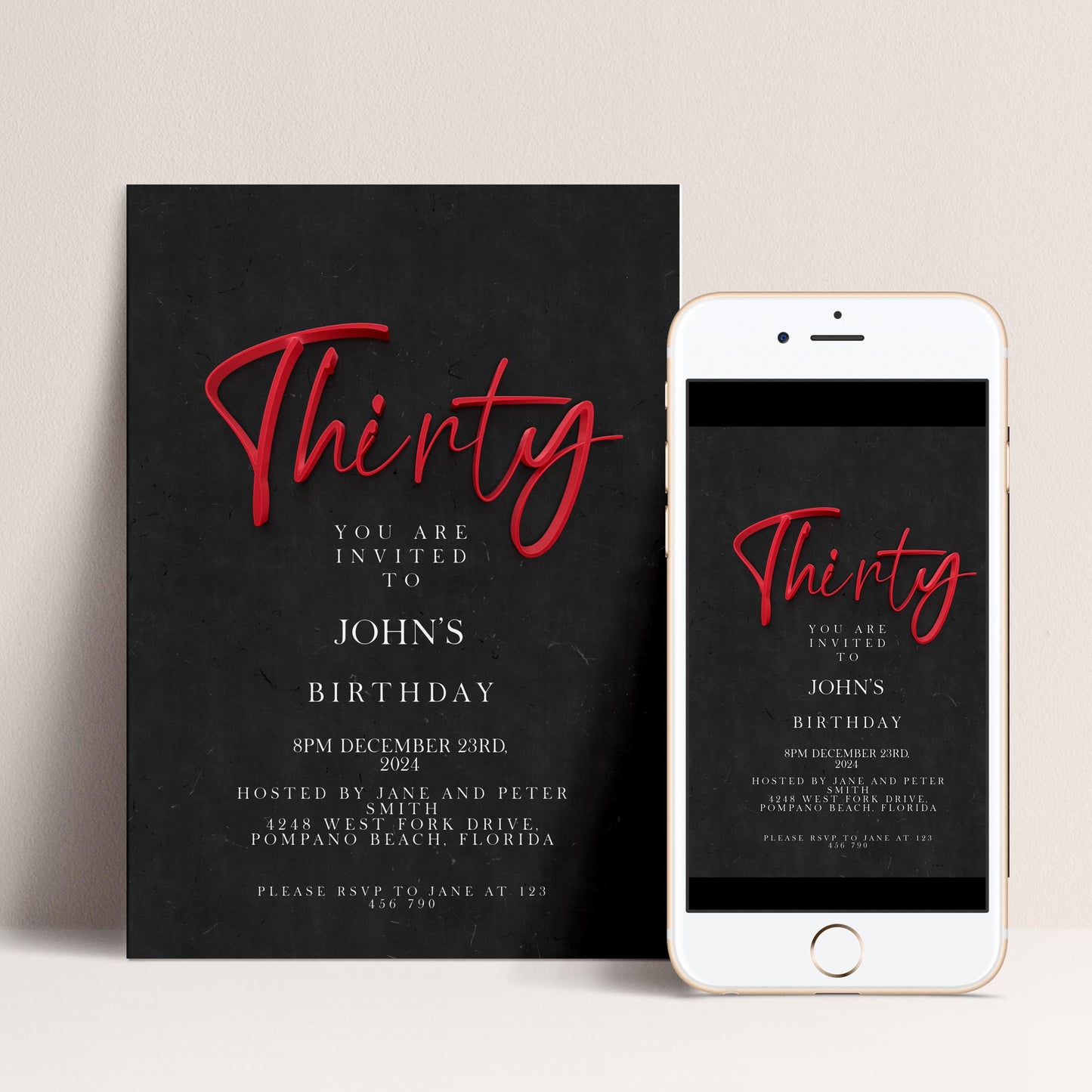 30th Birthday Invitation Template Red and Black Printable Template Simple Elegant For Him or Her Editable Digital DownloadSE19