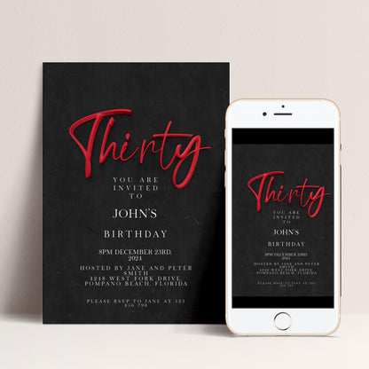 30th Birthday Invitation Template Red and Black Printable Template Simple Elegant For Him or Her Editable Digital DownloadSE19