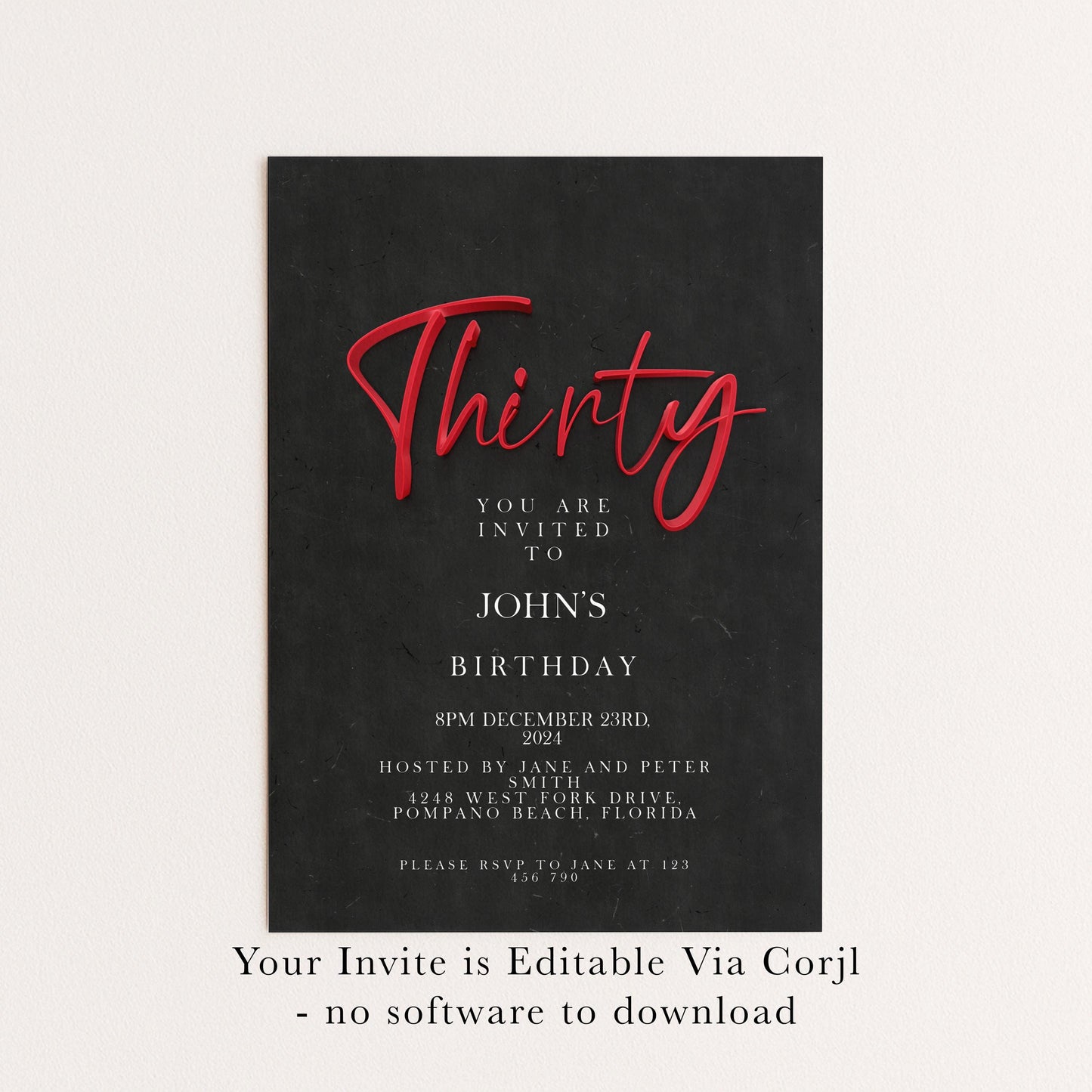 30th Birthday Invitation Template Red and Black Printable Template Simple Elegant For Him or Her Editable Digital DownloadSE19