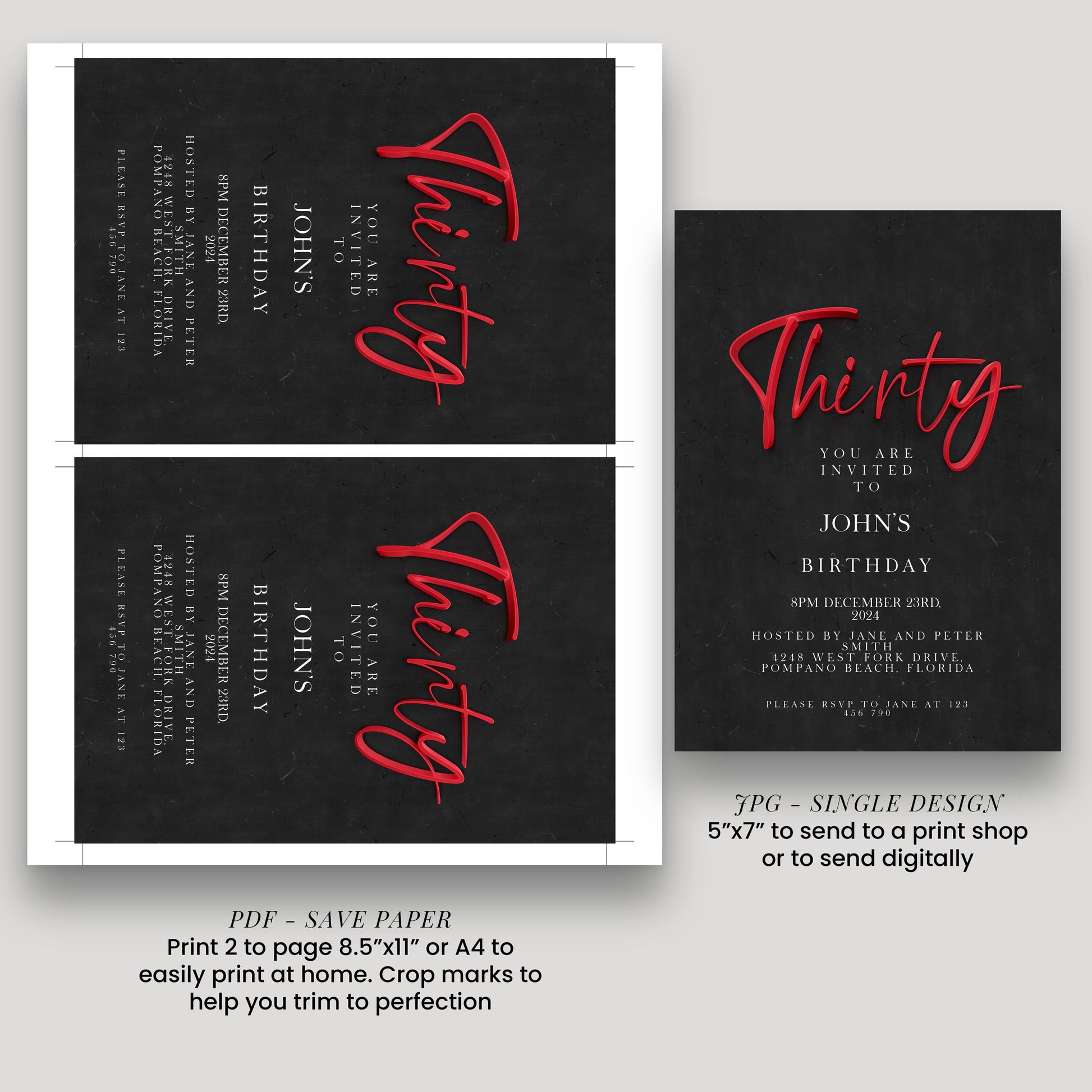 30th Birthday Invitation Template Red and Black Printable Template Simple Elegant For Him or Her Editable Digital DownloadSE19