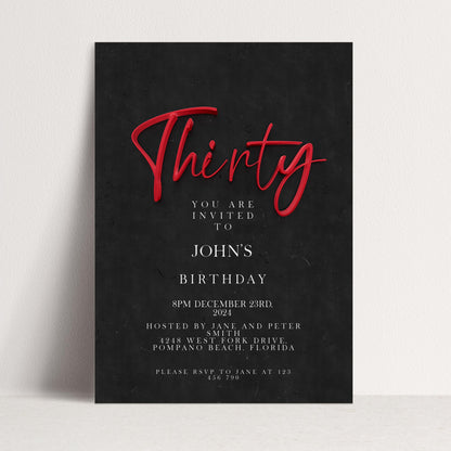 30th Birthday Invitation Template Red and Black Printable Template Simple Elegant For Him or Her Editable Digital DownloadSE19