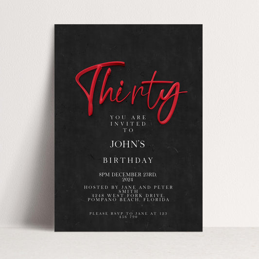 30th Birthday Invitation Template Red and Black Printable Template Simple Elegant For Him or Her Editable Digital DownloadSE19