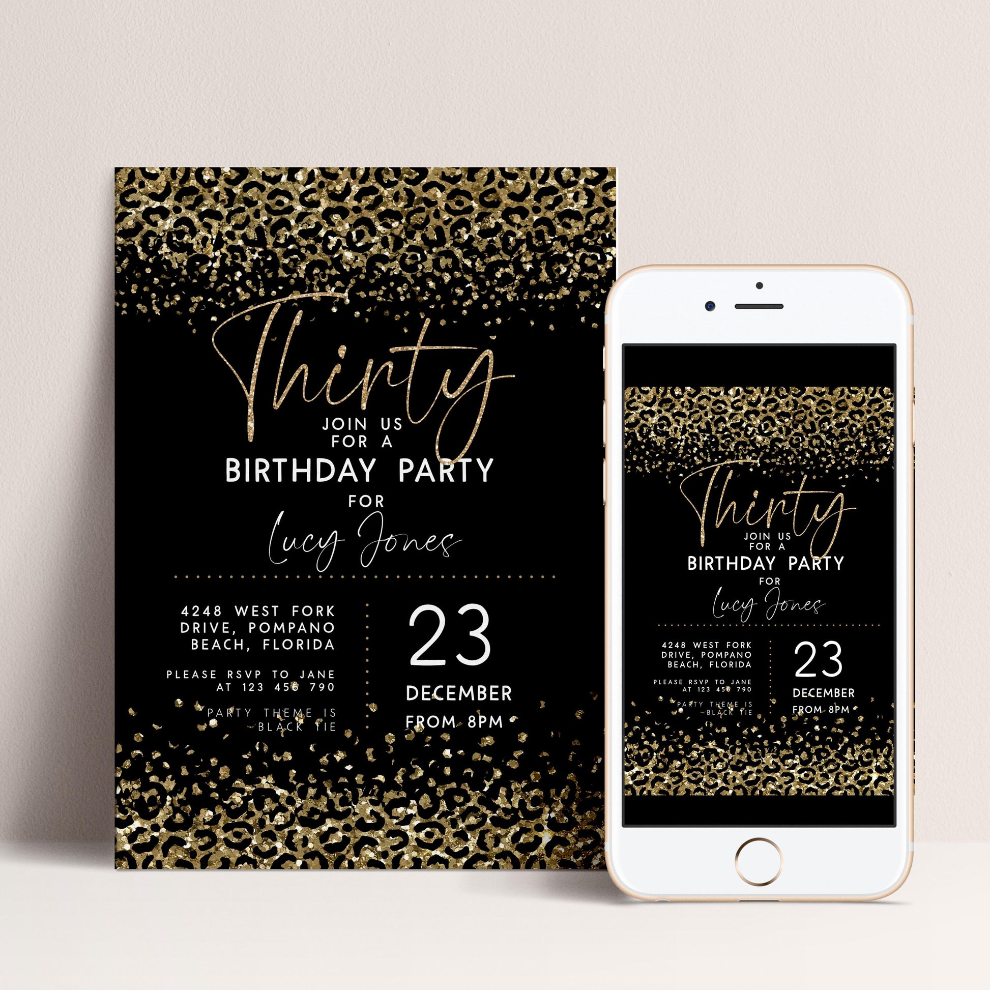 Printable Gold Leopard Print Party Invitation Faux Glitter Animal Print Birthday Invite Instant Download Printable
