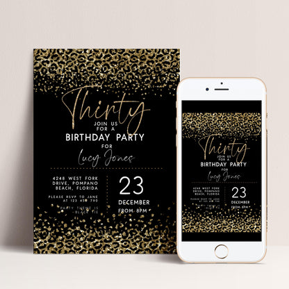 Printable Gold Leopard Print Party Invitation Faux Glitter Animal Print Birthday Invite Instant Download Printable