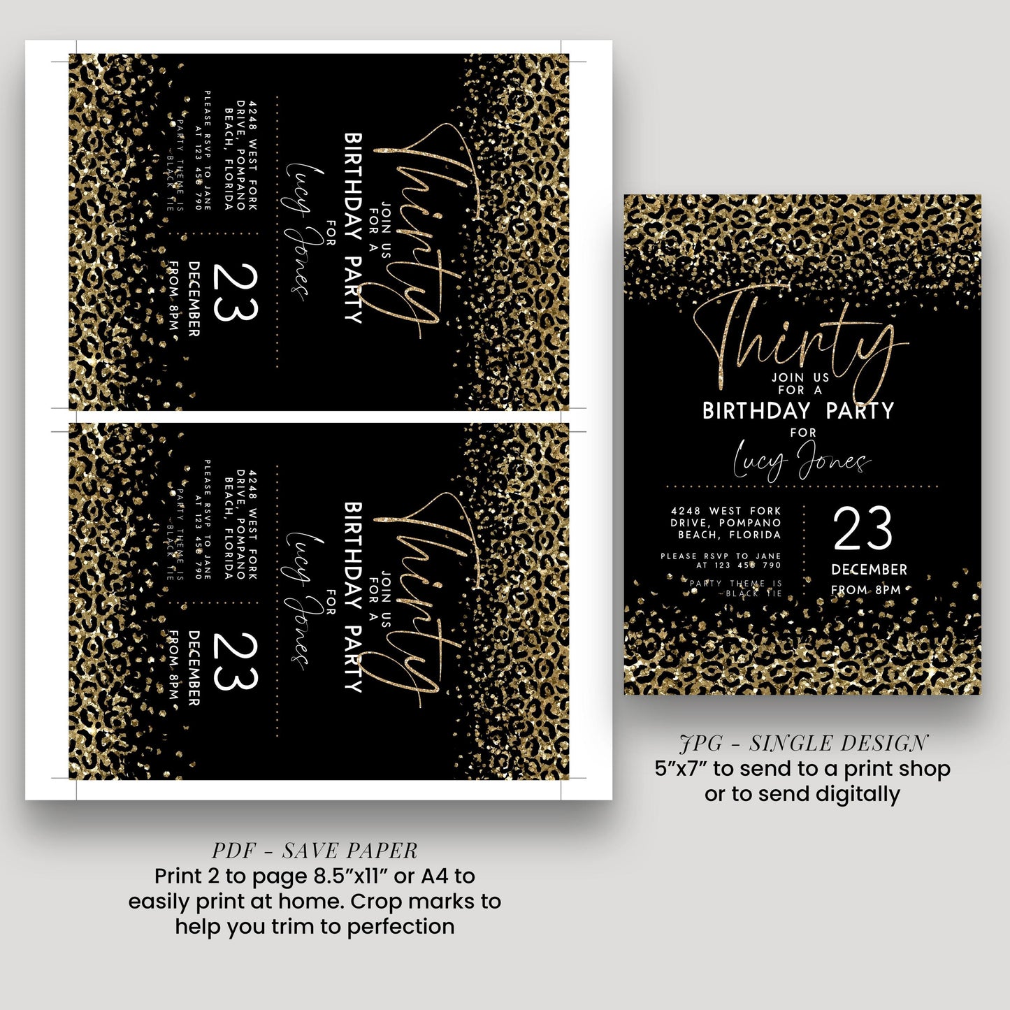 Printable Gold Leopard Print Party Invitation Faux Glitter Animal Print Birthday Invite Instant Download Printable