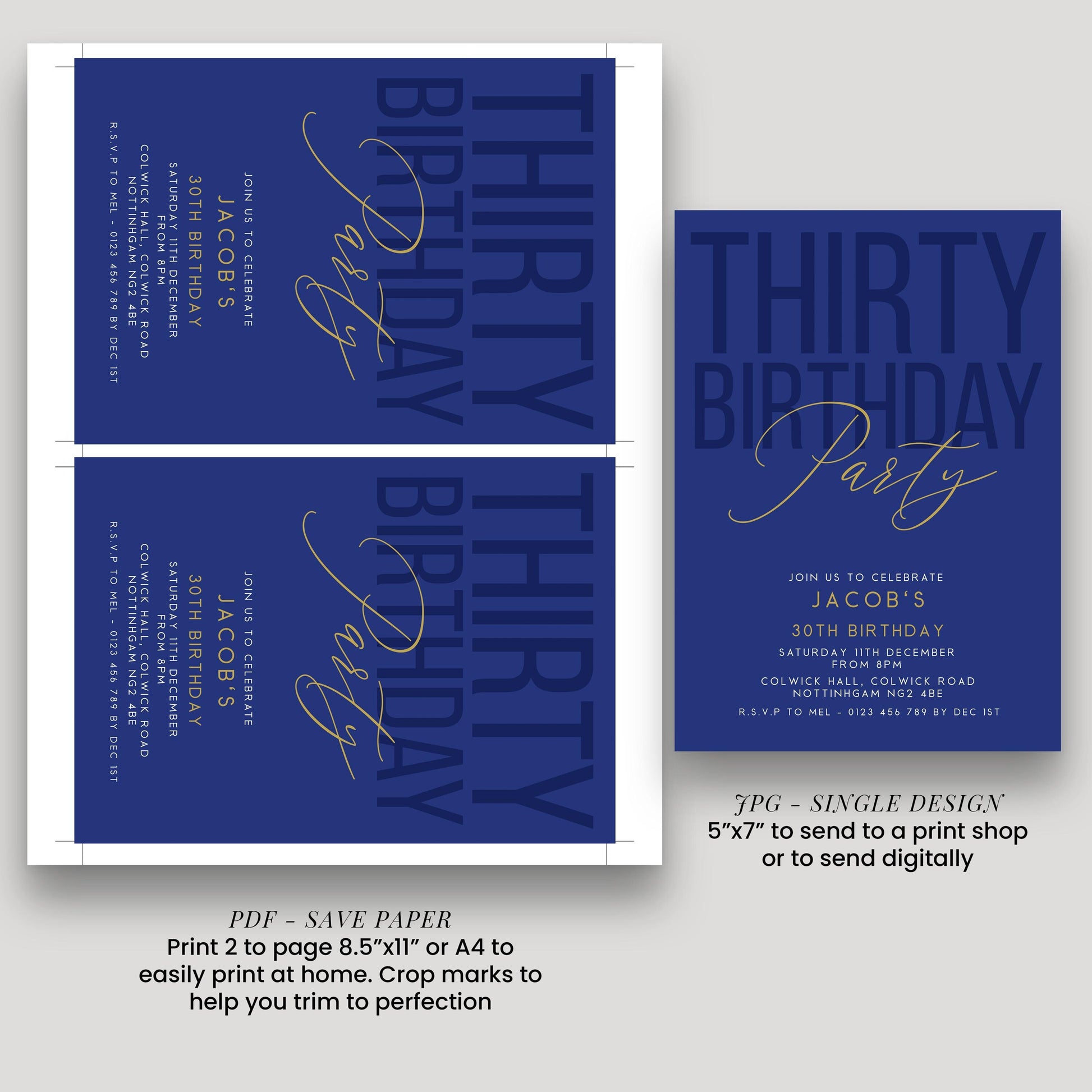 30th Birthday Invitation, Editable Navy Gold Thirty Party Invite, Mens Womens Adult Invitation Template, 30th Birthday Printable Template